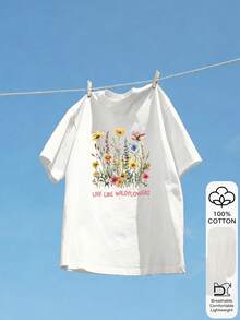 Blumen & "Live Like A Wild Flower" Muster Lässig Sommer Damen 100% Baumwolle Kurzarm Top, Grafik T-Shirt, weicher Stoff, Baumwolle Bekleidung, Outdoor Kleidung, bedrucktes Muster, Sommer T-Shirt, Urlaub, Reisestil, Strand-Vibe, minimalistische Resort-Kleidung Weiß - Weiss - Übersicht 5