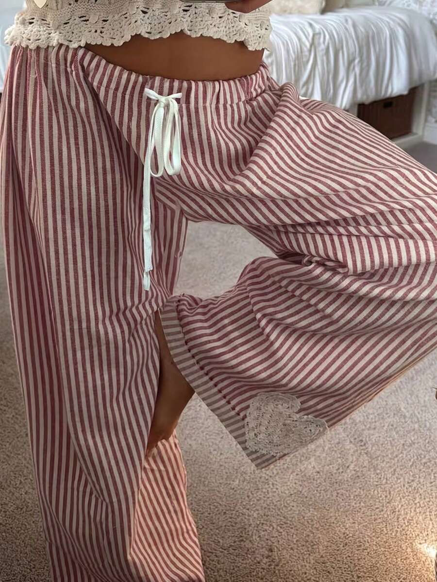 Women's Casual Vintage Drawstring Striped Wide Leg Loose Pants, Spring/Summer - Dusty Pink - View 1