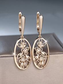Vanel 1Pair Elegant Golden Oval Filigree Flower Drop Earrings For Women, Vintage Dangle Earrings, Fashion Jewelry For Women, For Daily Wear & Party - Yellow Gold - View 4