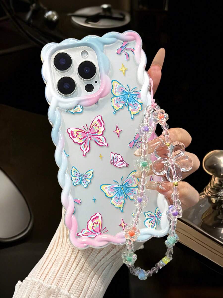 蝴蝶彩绘编织波浪边可拆卸手链简约防震加厚手机保护壳，印花款，兼容 17/17 Pro/17 Pro Max/16 XR/7/8 15 Pro Max/12 Pro Max/13 Pro Max/14 Pro Max 13 14 11 12P 14 P11软壳 P12 防摔 XS.XR /78P.78GES2 手机壳 - 彩色 - 查看 1