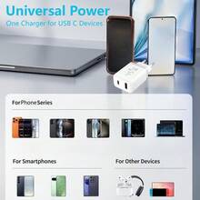 45W PD3.0 USB C GaN Fast Charger, Dual Port Type-C And USB A Fast Charging Adapter, Compatible With IPhone 17 16 15 14 13 12 11 Plus Pro Max, Android/Tablet/Laptop Series, Laptop Charger, Mobile Fast Charging - White - View 7