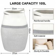 105L Extra Large Cotton Rope Laundry Hamper, Foldable Storage Basket For Laundry - White & Grey - View 2