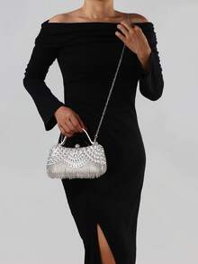 Dedoo New Rhinestone Studded Shiny Evening Clutch Bag With Tassel Decor, Gift For Women, Suitable For Party, Wedding, Banquet - Silver - View 4