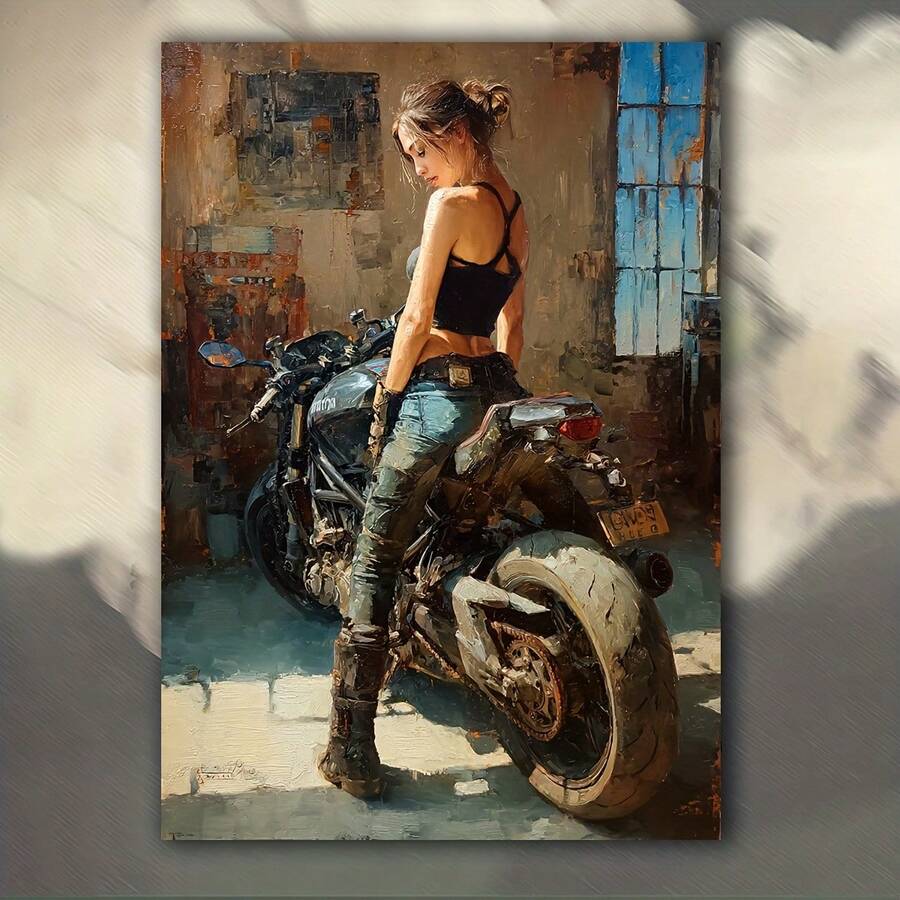 Arte en Lienzo de Chica Motociclista 2D Plano, 1 pieza - 30.48x40.64cm Decoración de Pared, Diseño de Alta Calidad para Diario de Chatarra, Estilo Contemporáneo para Hogar y Oficina, Perfecto para Entusiastas de Motocicletas, Decoración de Motocicletas - Sin marco - Ver 1
