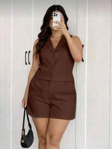 MICHLEE Women's Plus Size Set With Sleeveless Vest And Tailored Shorts - 咖1 - 查看 4