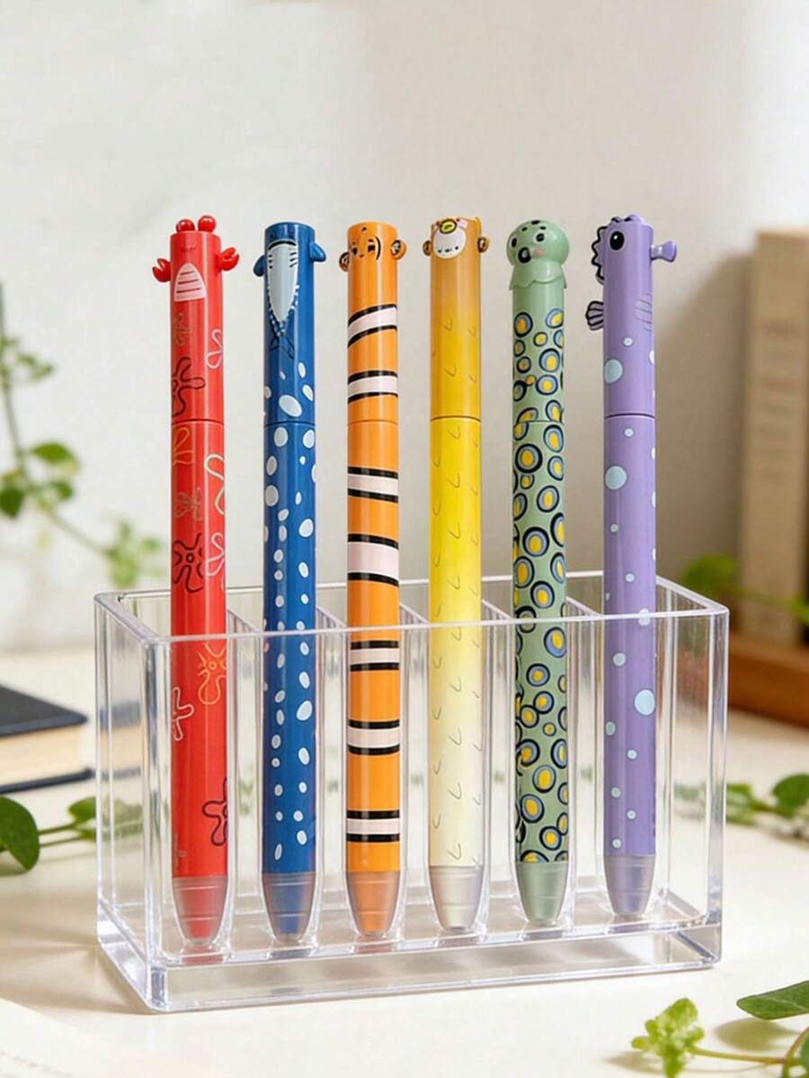 6支海洋动物旋转笔套装，创意设计，书写流畅，带橡皮擦，适合学生、家庭和办公室使用，是馈赠佳品。 - 多色 - 查看 1