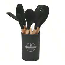12pcs Non-Stick Silicone Kitchen Utensil Set With Wooden Handles - & Easy To Clean - Includes Spatula, Whisk, Tongs And Ladle, Comes In Storage Bucket, Great For Cooking And Baking - Multicolor - View 14