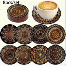 8pcs Gold Mandala Wooden Coasters - Absorbent & Durable, Suitable For Coffee, Tea & Drinks | Ideal Home & Restaurant Decor | Perfect Graduation Gift - Multicolor - View 3