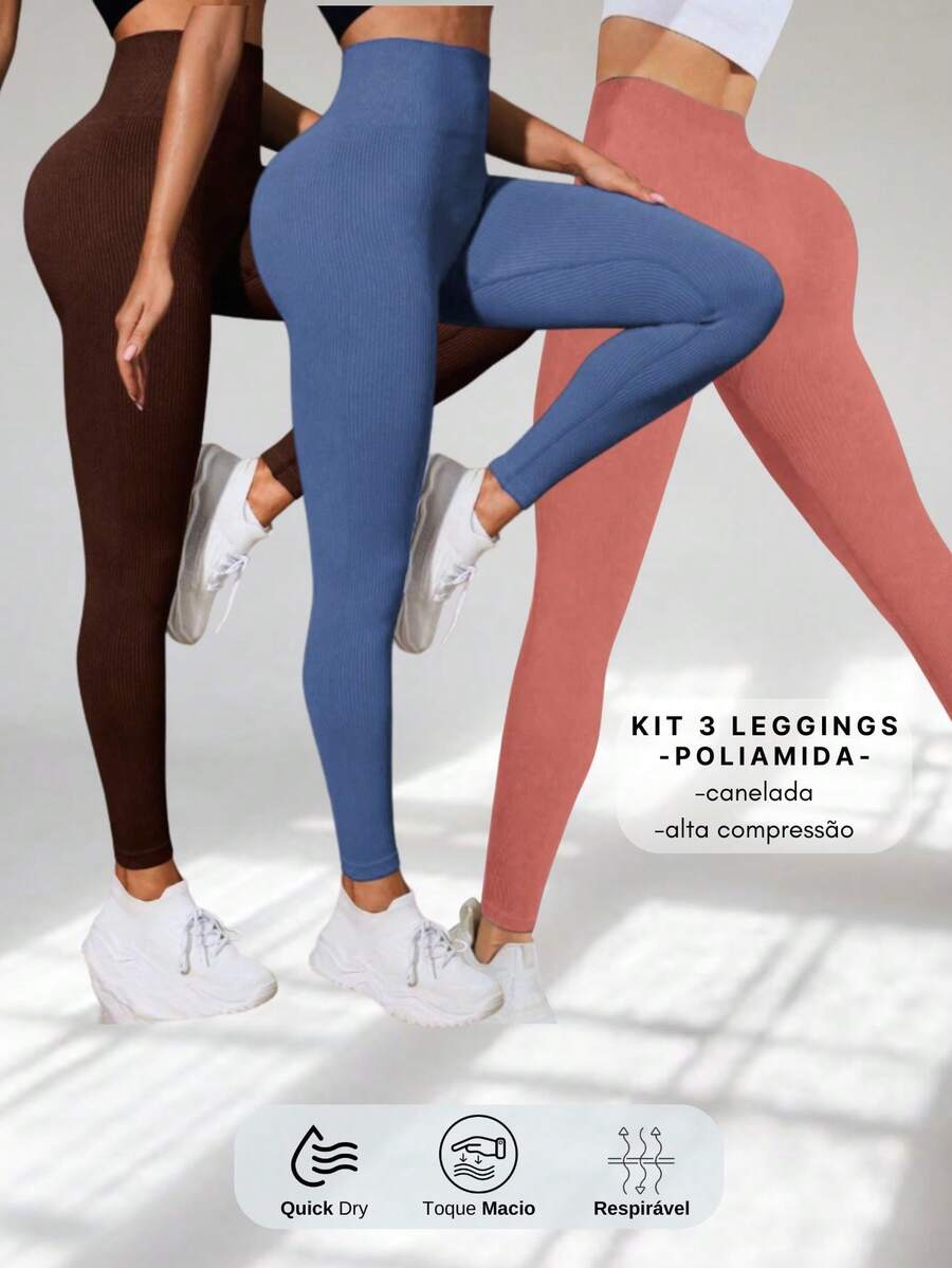 Set Of 3 Ribbed High-Waisted Leggings In High-Compression Polyamide - Coffee/Jeans Blue/Coral - View 1