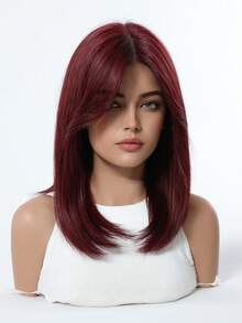 18 Inch Black & Brown Layered Wig With Bangs, Soft & Easy To Style Synthetic Hair, Suitable For Daily Wear, Work, Holidays, Halloween, Christmas, Gift For Women - Red - View 4
