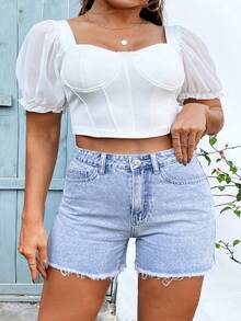 Mobula Sound# Plus Size Women's Casual Fashion Festival Holiday Beach Travel Single Party Airport Outfit Frayed Edge Embroidered Denim Stretchy Comfortable Shorts Summer - Blue - View 2