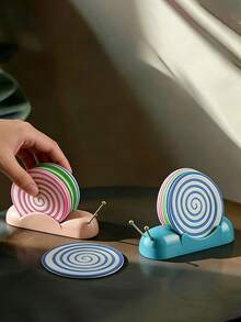 1pc Cute Cartoon Snail Coaster Set, PP Plastic, 6pcs Non-Slip Heat Insulation Coasters, Practical Decoration For Kitchen And Living Room - Baby Blue - View 3