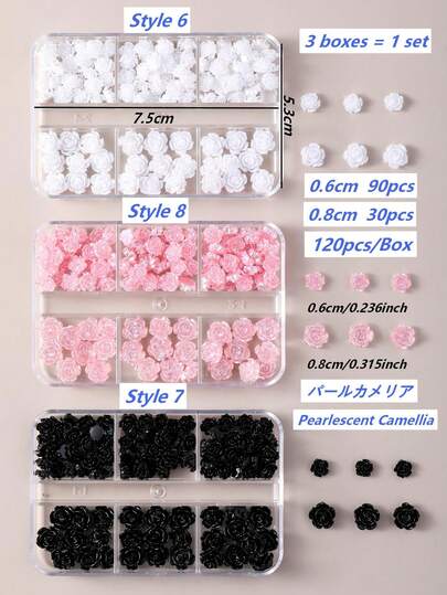 Set da 120 pezzi: decorazioni per unghie in stile Aurora Camellia Rose da 8 mm e 6 mm. Questo assortimento di applicazioni fai-da-te presenta una miscela versatile di tonalità trasparenti, bianche e nere, insieme a una varietà di colori con finitura perlata tra cui rosa, rosa, blu, viola e giallo. Progettati con un profilo piatto 3D, questi pezzi sono facili da applicare sulle unghie
