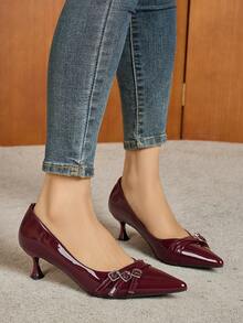 Women's Classic High Heel Pointed Toe Slip-On Spring/Autumn Shoes, PU Low Vamp Party/Wedding High Heel Pumps, Wine Red - Burgundy - View 2