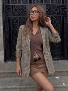 Áo khoác blazer kẻ caro kiểu retro thoải mái, tay lỡ 3/4, dáng suông tôn dáng, đa năng phù hợp đi làm, mặc hàng ngày, hẹn hò, áo khoác ngoài thường ngày mùa xuân. - Màu Khaki - Xem 5