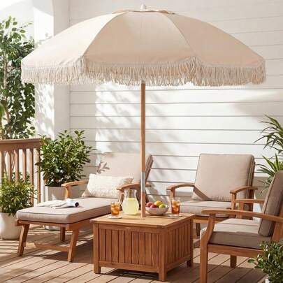 6 FT Patio Umbrella With Fringe, Tassel Market Table Umbrella With Push Button Tilt, 8 Sturdy Ribs, Wood Pole & Air Vent, Heavy-Duty Boho Outdoor Umbrella For Garden, Yard, Beach, Poolside