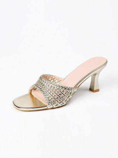 Mules de tacón alto con trenzado dorado hueco para mujer, sandalias de tira única con punta cuadrada y diseño deslizante, de moda y elegantes