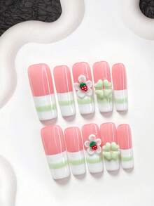 10片裝糖果風手工穿戴甲，Polygel美甲套組，手工製作，花朵與草莓圖案，綠色、白色、紅色指甲油，清新風格，含美甲工具，3種尺寸可選，杏仁形、鴨嘴形、棺材形，適合派對、跳舞、日常配戴 - 彩色 - 查看 18