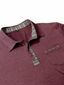 Camisa polo de manga corta retro para hombre de talla grande, camisa casual de verano con bolsillo en el cuello - Burdeos - Ver 5