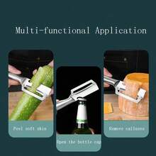 Multifunctional Vegetable Peeler With Wooden Handle And Bottle Opener, 2-In-1 Stainless Steel Blade, Contour-Flow For Kitchen Prep, Camping, Apple Potato Pumpkin Papaya - 銀色 - 查看 2