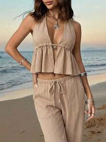 Brown Halter Camisole Two-Piece With Sheer Woven Pants And Pocket Detail Brown Halter Top And Pants Set - Màu Khaki - Xem 4