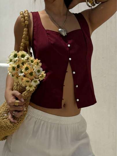 Blusa de lino con botones y espalda descubierta, de unicolor, ligera, sencilla y cómoda. Adecuada para citas, uso diario, festivales, viajes, conciertos de música country, primavera/verano/otoño, semi-transparente