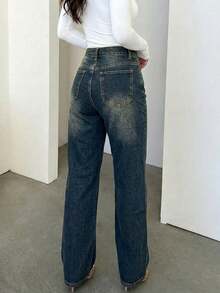 Plus Size Women Retro Minimalist Elastic Waist Loose Straight Leg Jeans Casual - Navy Blue - View 4