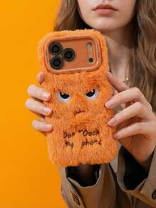 2025 新款毛绒卡通搞笑橙色表情手机壳带支架，防震软TPU保护套适用于苹果/手机 - 橘色 - 查看 2