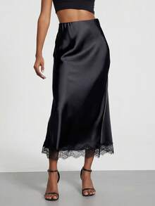 Chân váy satin phối ren thanh lịch dành cho nữ, thích hợp cho mùa xuân/hè. - màu đen - Xem 1