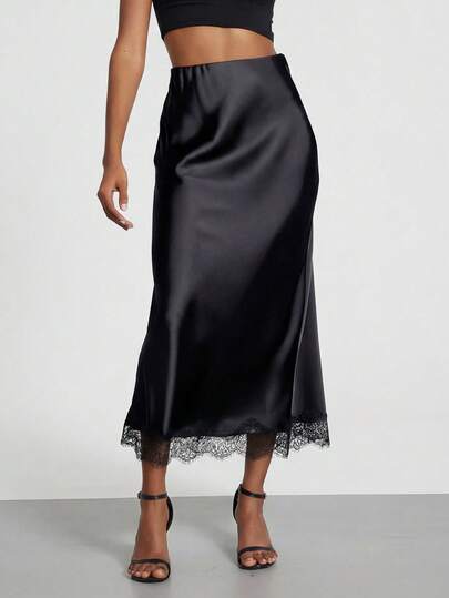 女士优雅蕾丝拼接缎面半身裙，春夏款