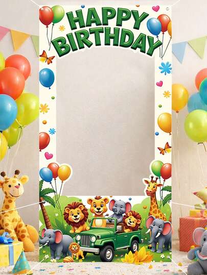 1 Khung ảnh sinh nhật chủ đề động vật với họa tiết ô tô và động vật, phụ kiện chụp ảnh sinh nhật chủ đề rừng rậm và động vật hoang dã, phông nền vinyl, đồ trang trí sinh nhật, trang trí tiệc sinh nhật lần thứ nhất, quà tặng sinh nhật, phụ kiện trang trí tiệc ngày lễ
