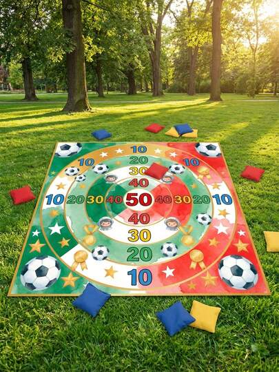 200cm Soccer Themed Toss Game Set With 2 Bean Bags, Vibrant Football Print Polyester Score Ring Design Portable Game Mat, Easy Setup No Power Outdoor Yard Game For Family Vacation, City Square Picnic, Travel Entertainment & Backyard Games
