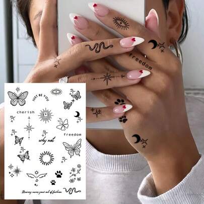 STARTTOOS Pegatinas de tatuajes temporales realistas con patrones minimalistas de mariposa, floral, sol, luna y estrella, multiusos para festival de anime, carnaval, festival de música, San Valentín, regalos de fiesta, adecuados para dedos, orejas, hombros, cuello, clavícula, a prueba de agua