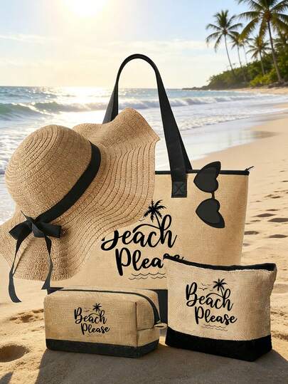 Women's Beach Handbag Set, Printed With The Letters Beach Pattern, Starfish Pattern, Tropical Summer Vacation Design, Large Capacity Handbag, Reusable Beach Accessory Shopping Bag, Suitable For Weddings, Birthdays, Holidays, Is The Perfect Gift For Women, Mothers, Teachers, Friends, Bridesmaids, Students, Back To School, Holiday Weekend Short Trips, Handbag Spring And Summer Vacation Gifts, Mother's Day Gifts, Back To School Season, Birthday Gifts