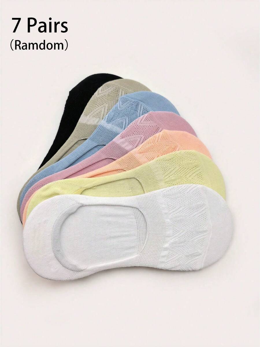 7 Pairs Random Candy Color, Black & White, Solid Color, Bohemian Style Mesh, Non-Slip, Breathable Knit Fabric, Japanese School Style Boat Socks, Invisible Socks, Versatile For Spring/Summer, Family Gathering, Work, Sports, Holiday Gift (No Paper Card) - Multicolor - View 1