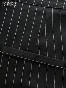 DONICY 女士黑色细条纹长裤，高腰褶裥阔腿裤，带腰带环，优雅的办公服饰 - 黑色 - 查看 5