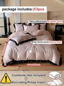 Bộ ga trải giường 2/3 món màu hồng nhạt, chất liệu giả lụa, họa tiết hoa jacquard, viền ren đen, phong cách tối giản sang trọng, phù hợp cho mọi mùa, phòng ngủ, phòng khách, mềm mại và thoáng khí, có thể giặt máy, cỡ Queen, King (1 ga trải giường + 1/2 vỏ gối, không kèm ruột chăn) - Hồng - Xem 5