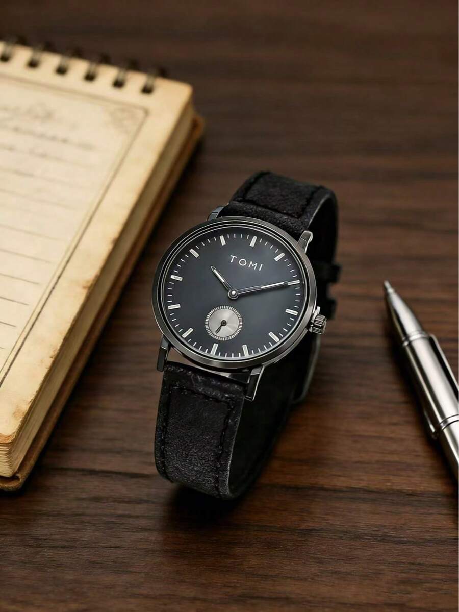 TOMI Women's Minimalist Ultra-Thin Two-Needle Semi-Real Dial Small Seconds Dial Retro Leather Strap Quartz Watch, Suitable For Daily Life And Holiday Gifts - Black - View 1