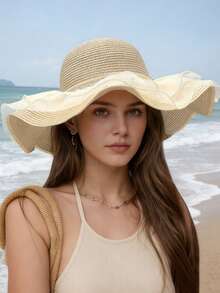 Women's Straw Hat, Fashionable Outdoor Travel Beach Hat, Summer Versatile Sunshade Hat, Foldable Wide Brim Straw Hat, Essential For Vacation Travel, Daily Use Gift - Lace Trim Fairy Straw Hat - View 2