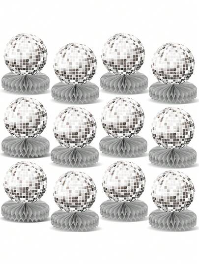 6 món đồ trang trí tiệc disco, vật trang trí trung tâm hình tổ ong chủ đề disco bạc, đồ trang trí tiệc quả cầu disco, vật trang trí bàn tiệc disco thập niên 70, quà tặng đồ dùng tiệc thập niên 70