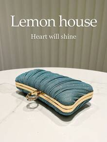1pc Mint Green Shiny Pleated Elegant Small Clutch Bag, Formal Dress Bag With Rhinestone Chain, Fashion Clutch Purse For Evening Party, Wedding, Banquet, Suitable For Ladies - Mint Green - View 7