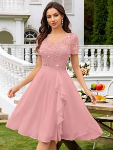 MIUSOL Đầm dạ hội dáng xòe bằng chiffon, cổ chữ V, đính sequin, họa tiết hoa, ren, xếp nếp, chất liệu thanh lịch dành cho nữ. - Hồng - Xem 2