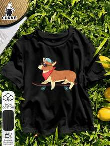 2026 Maglietta casual in cotone a maniche corte con stampa di un cane su uno skateboard, per donne taglia comoda, tessuto morbido, ispirata allo stile di strada retrò con estetica orientale; 100% cotone premium, maglietta per Pasqua 2026 Back to School, ispirazione stile scolastico, primo giorno di scuola, moda Back to School 2026, stile universitario nero estivo - nero - Visualizzare 3