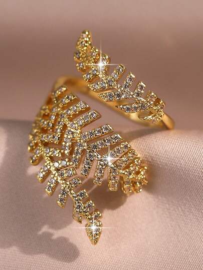 jealous young 1pc Luxury Big Three-Layer Leaf Shape Cubic Zirconia Women Rings,Fashion Unique Geometry Copper Ring,Suitable Daily Wear,Engagement/Wedding Banquets