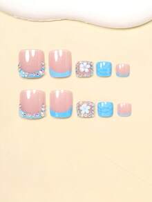 24pcs Short Square Blue French Manicure Nail Stickers With Diamond Flower Design, Full Coverage Fake Nails Set With 1pc Nail Glue And 1pc Mini Nail File, Suitable For Women And Girls Daily Wear, Random Delivery - Multicolor - View 4