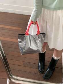 1pc Women's Contrast Color Shoulder Crossbody Bag, Large Capacity Glitter Tote Handbag, Suitable For Shopping, Commuting, Gift - Silver - View 7