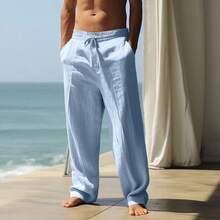 Men's Lightweight Breathable Woven Casual Pants Elastic Waist Drawstring Beach Trousers - 卡其色 - 查看 8