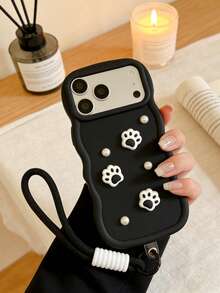 猫咪图案 DIY 黑色猫爪手机壳，带手机挂绳，适用于三星 Galaxy A5X、Note 14/14 Pro、14、Y9/Y7、荣耀 C55、C53 等机型。 - 黑色 - 查看 3