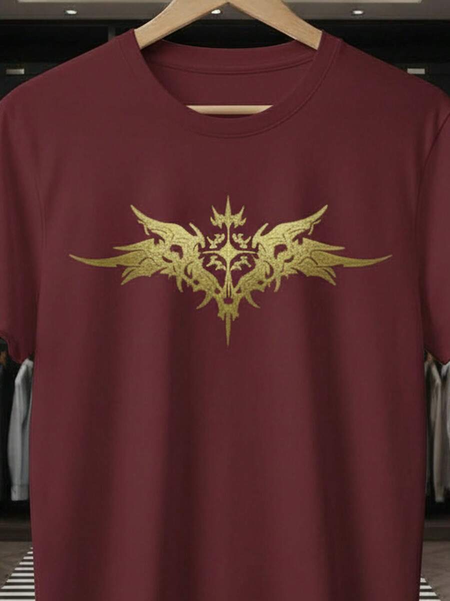 Stylish Men's/Women's/Unisex Printed T-Shirt With Cross, Angel, And Wings In Gold, Premium Knit, Short Sleeve, Round Neck, 100% Cotton - 勃根地 - 查看 1