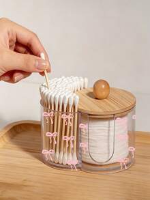 Caja de almacenamiento de plástico transparente con tapa de bambú y patrón de lazo rosa, organizador de maquillaje de 2 compartimentos con agujeros redondos, caja de almacenamiento de tocador moderno con tapa - Multicolor - Ver 2